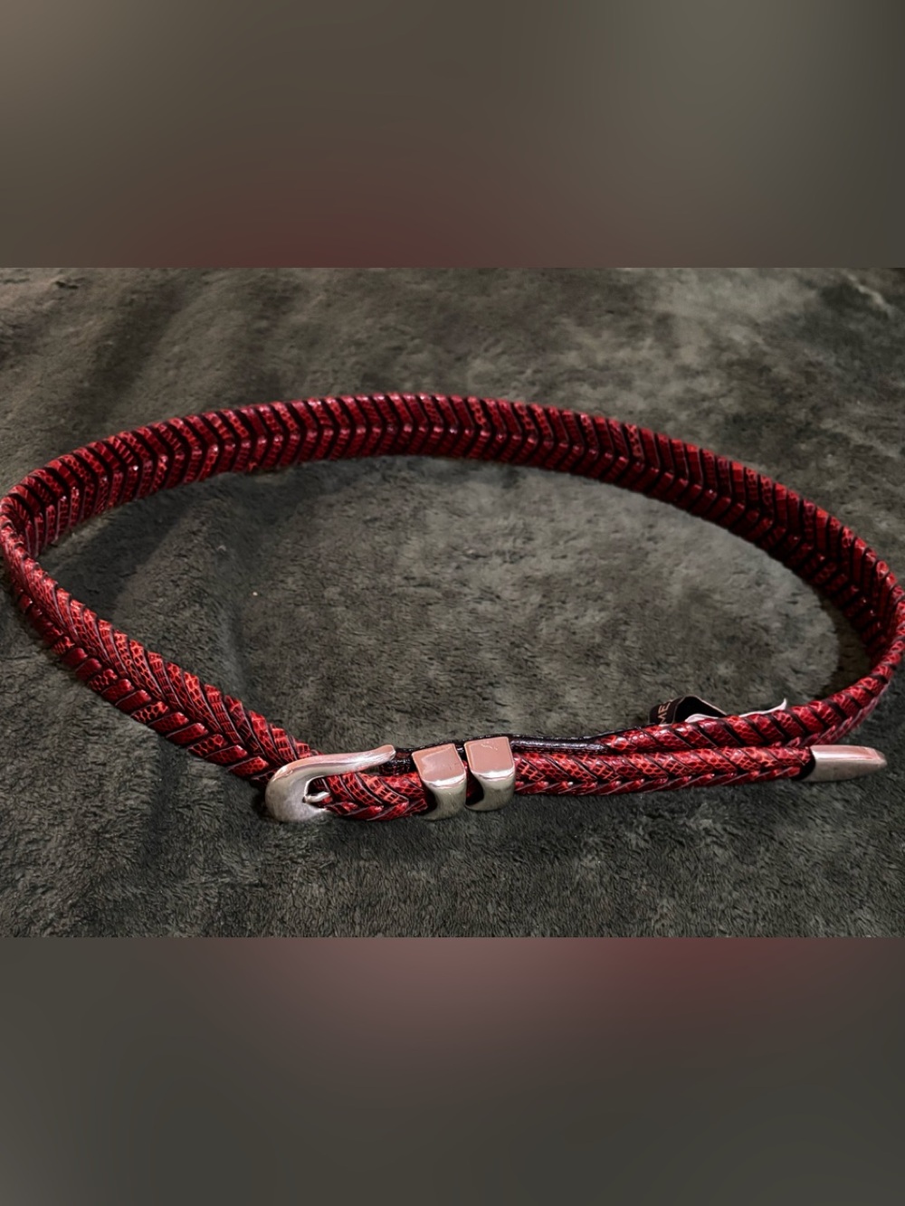 Mezlan Snakeskin belt Spain 40 silver hardware retails for $145 brownish red